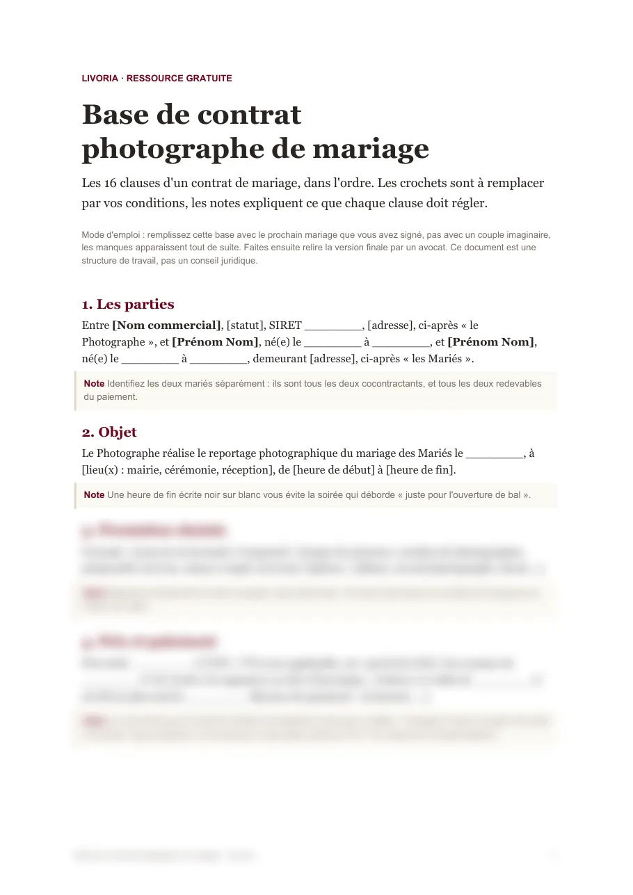 Première page de la base de contrat photographe de mariage : clauses 1 (les parties) et 2 (objet), avec leurs notes
